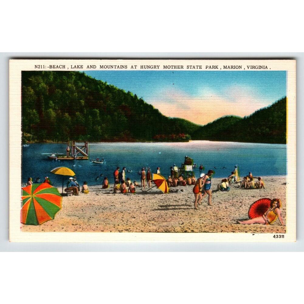 Beach Lake Mountains At Hungry Mother State Park Marion Virginia Postcard Linen